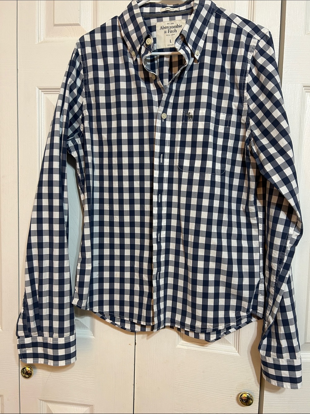 Abercrombie & Fitch Men's Navy and White Gingham Button-Down Shirt